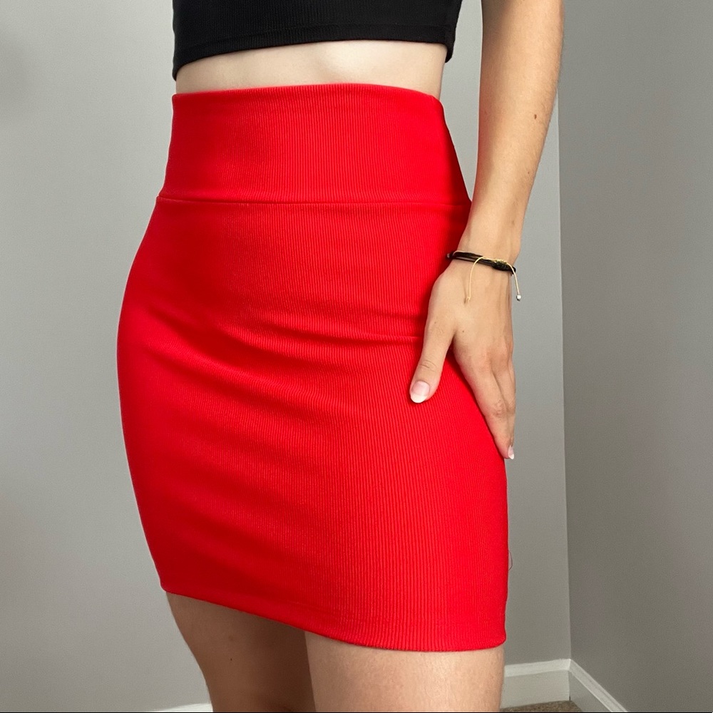 Red Ribbed Forever 21 Mini Pencil Skirt